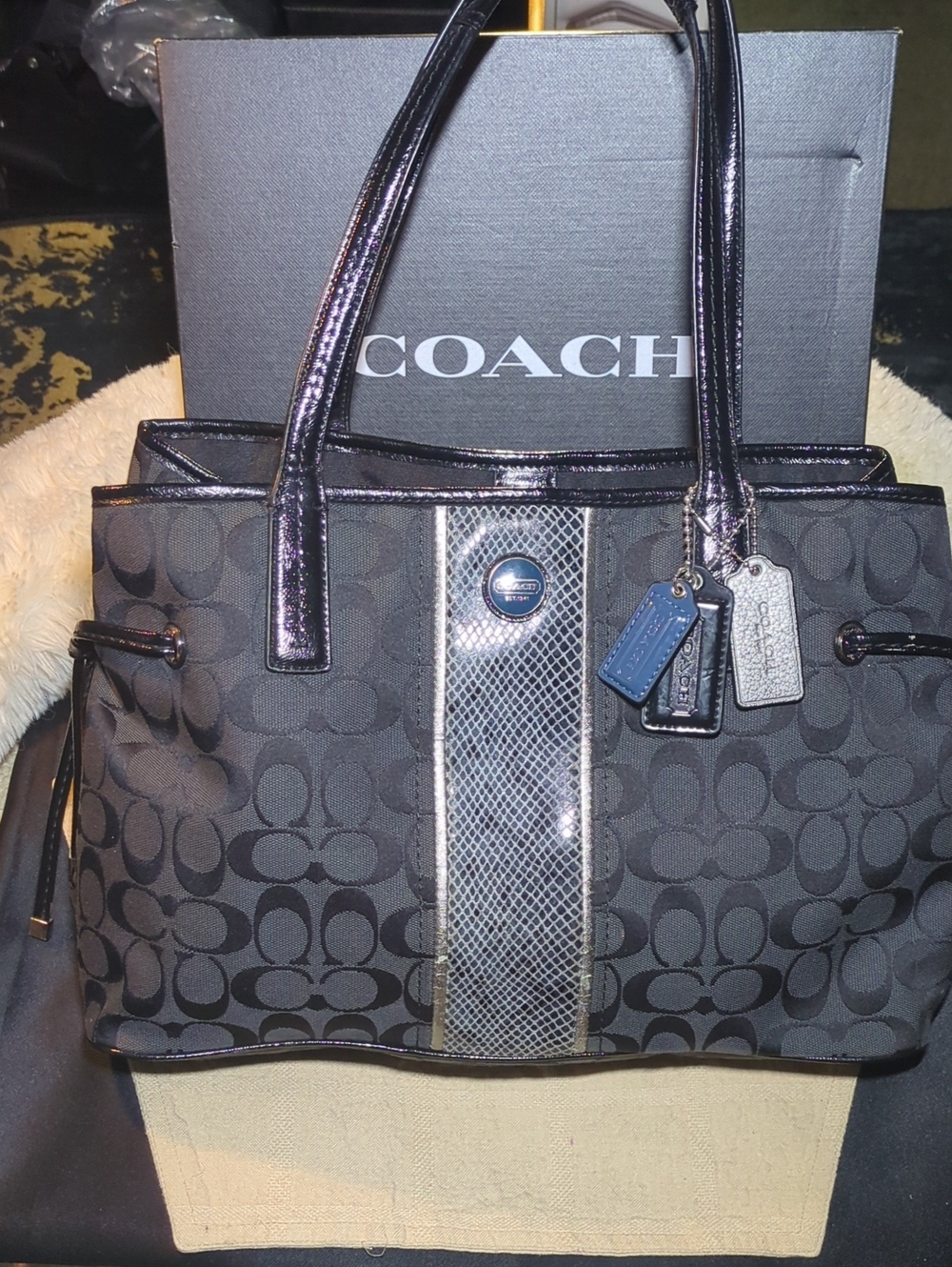 Coach Python Signature Striped Tote w/ Metallic Trim W/ 3 Hangtags ONLY $110